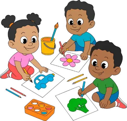 Trois enfants en train de dessiner, assis par terre